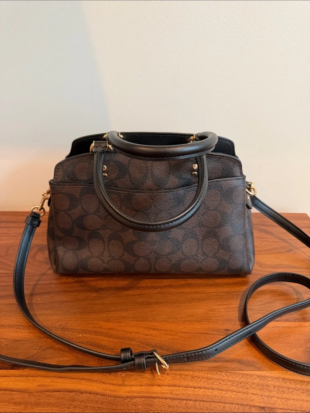 Coach 91494 Lillie Brown Signature Canvas Satchel with Black Handles